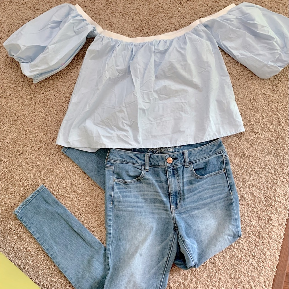 Off The Shoulder Top S Baby Blue/White Puff Sleeves Summer Cottagecore